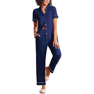image:imageEkouaer Womens Pajama Sets 2 Piece Button Down Short Sleeve Pjs Set Soft Lounge Set with Long Pants SXXLNavy Blue