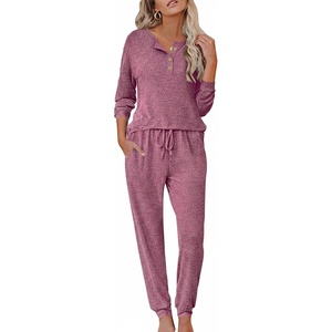 image:imageEkouaer Womens Pajama Sets Long Sleeve Lounge Set 2 Piece Pj Sets for Women Henley Neck Casual Sleepwear Loungewear SXXLDeep Red