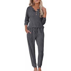 image:imageEkouaer Womens Pajama Sets Long Sleeve Lounge Set 2 Piece Pj Sets for Women Henley Neck Casual Sleepwear Loungewear SXXLGrey