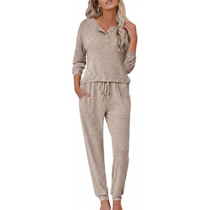 image:imageEkouaer Womens Pajama Sets Long Sleeve Lounge Set 2 Piece Pj Sets for Women Henley Neck Casual Sleepwear Loungewear SXXLKhaki