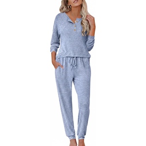 image:imageEkouaer Womens Pajama Sets Long Sleeve Lounge Set 2 Piece Pj Sets for Women Henley Neck Casual Sleepwear Loungewear SXXLLight Blue