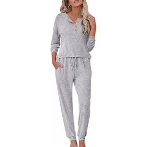 image:imageEkouaer Womens Pajama Sets Long Sleeve Lounge Set 2 Piece Pj Sets for Women Henley Neck Casual Sleepwear Loungewear SXXLLight Grey