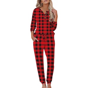 image:imageEkouaer Womens Pajama Sets Long Sleeve Lounge Set 2 Piece Pj Sets for Women Henley Neck Casual Sleepwear Loungewear SXXLRed and Black Plaid