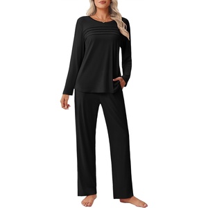 image:imageEkouaer Womens Pajama Sets Pleated Tops with Long Pants Lounge Set Long Sleeve Fall Sleepwear Ladies Pjs SXXLBlack