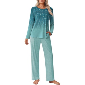 image:imageEkouaer Womens Pajama Sets Pleated Tops with Long Pants Lounge Set Long Sleeve Fall Sleepwear Ladies Pjs SXXLGreen Leaves