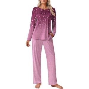 image:imageEkouaer Womens Pajama Sets Pleated Tops with Long Pants Lounge Set Long Sleeve Fall Sleepwear Ladies Pjs SXXLWine Ombre Leaves