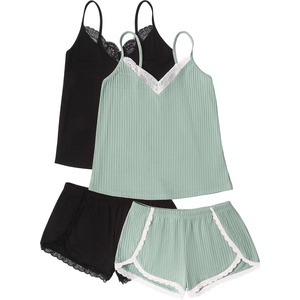 image:imageEkouaer Womens Pajama Sets Soft Cami Shorts Set 4 Piece Lingerie Sleepwear V Neck Pj Lace NightwearBlack  Green