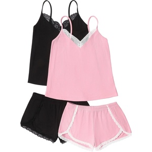 image:imageEkouaer Womens Pajama Sets Soft Cami Shorts Set 4 Piece Lingerie Sleepwear V Neck Pj Lace NightwearBlack  Pink