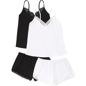 image:imageEkouaer Womens Pajama Sets Soft Cami Shorts Set 4 Piece Lingerie Sleepwear V Neck Pj Lace NightwearBlack  White