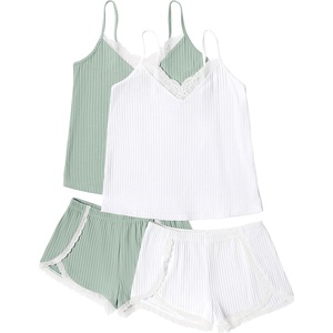 image:imageEkouaer Womens Pajama Sets Soft Cami Shorts Set 4 Piece Lingerie Sleepwear V Neck Pj Lace NightwearWhite  Green