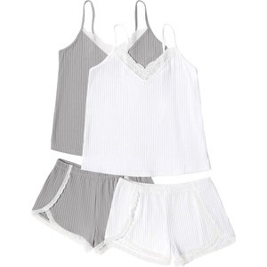 image:imageEkouaer Womens Pajama Sets Soft Cami Shorts Set 4 Piece Lingerie Sleepwear V Neck Pj Lace NightwearWhite  Grey