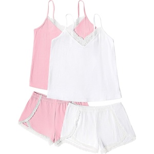 image:imageEkouaer Womens Pajama Sets Soft Cami Shorts Set 4 Piece Lingerie Sleepwear V Neck Pj Lace NightwearWhite  Pink