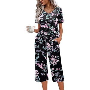 image:imageEkouaer Womens Pajama Sets Soft Cotton Pj Short Sleeve Top with Capri Pants Sleepwear 2 Piece Print LoungewearSXXLBlack Pink Flower