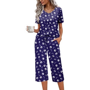 image:imageEkouaer Womens Pajama Sets Soft Cotton Pj Short Sleeve Top with Capri Pants Sleepwear 2 Piece Print LoungewearSXXLBlue Moon