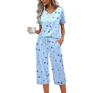 image:imageEkouaer Womens Pajama Sets Soft Cotton Pj Short Sleeve Top with Capri Pants Sleepwear 2 Piece Print LoungewearSXXLBlue Star