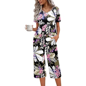 image:imageEkouaer Womens Pajama Sets Soft Cotton Pj Short Sleeve Top with Capri Pants Sleepwear 2 Piece Print LoungewearSXXLBrown Flower