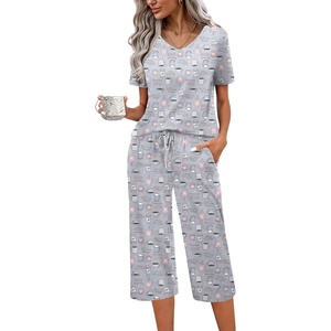 image:imageEkouaer Womens Pajama Sets Soft Cotton Pj Short Sleeve Top with Capri Pants Sleepwear 2 Piece Print LoungewearSXXLGrey Coffee