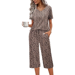 image:imageEkouaer Womens Pajama Sets Soft Cotton Pj Short Sleeve Top with Capri Pants Sleepwear 2 Piece Print LoungewearSXXLLeopard