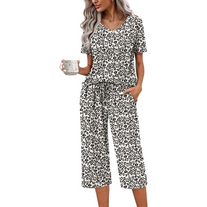 image:imageEkouaer Womens Pajama Sets Soft Cotton Pj Short Sleeve Top with Capri Pants Sleepwear 2 Piece Print LoungewearSXXLLeopard White