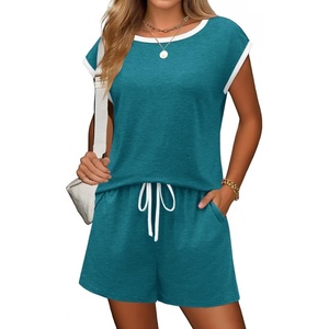 image:imageEkouaer Womens Pajamas Set 2 Piece Short Sleeves PJs O Neck Tops and Drawstring Waist Shorts Soft Lounge SetBlue Green