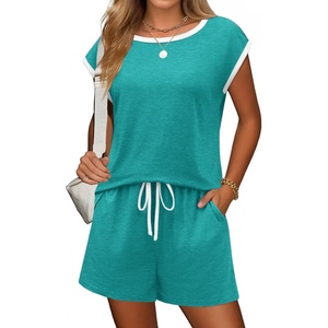 image:imageEkouaer Womens Pajamas Set 2 Piece Short Sleeves PJs O Neck Tops and Drawstring Waist Shorts Soft Lounge SetCeramic Green
