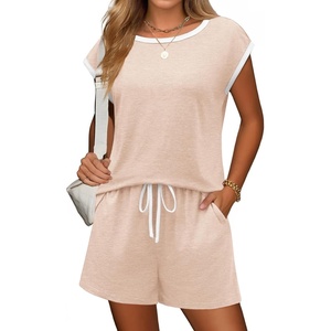 image:imageEkouaer Womens Pajamas Set 2 Piece Short Sleeves PJs O Neck Tops and Drawstring Waist Shorts Soft Lounge SetChampagne