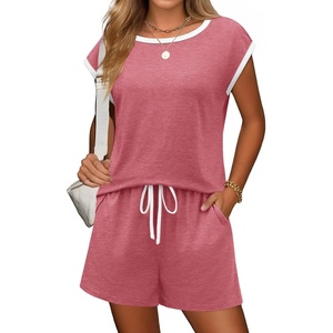 image:imageEkouaer Womens Pajamas Set 2 Piece Short Sleeves PJs O Neck Tops and Drawstring Waist Shorts Soft Lounge SetGray Purple Red