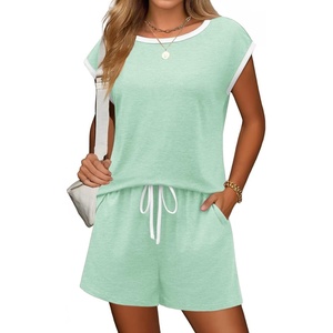 image:imageEkouaer Womens Pajamas Set 2 Piece Short Sleeves PJs O Neck Tops and Drawstring Waist Shorts Soft Lounge SetIce Green