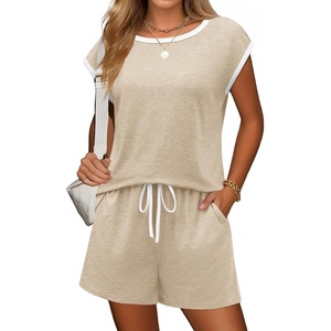 image:imageEkouaer Womens Pajamas Set 2 Piece Short Sleeves PJs O Neck Tops and Drawstring Waist Shorts Soft Lounge SetKhaki