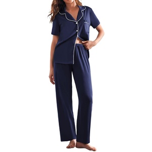 image:imageEkouaer Womens Pajamas Set Print PJs Soft Button Down Sleepwear Short Sleeve Lounge Set with PocketsNavy Blue