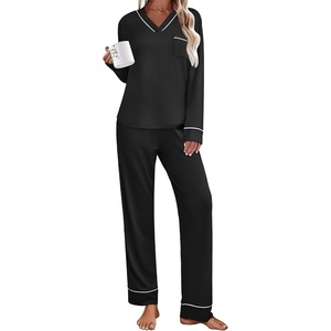 image:imageEkouaer Womens Pajamas Sets 2 piece PJs V Neck Long Sleeve Sleepwear Comfy Pants Loungewear with PocketBlack