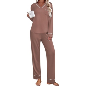 image:imageEkouaer Womens Pajamas Sets 2 piece PJs V Neck Long Sleeve Sleepwear Comfy Pants Loungewear with PocketBrown