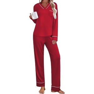 image:imageEkouaer Womens Pajamas Sets 2 piece PJs V Neck Long Sleeve Sleepwear Comfy Pants Loungewear with PocketDeep Red