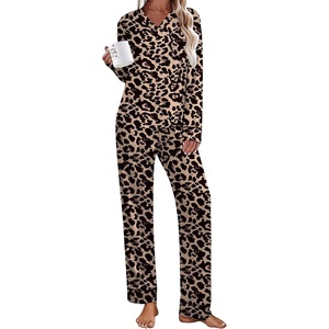 image:imageEkouaer Womens Pajamas Sets 2 piece PJs V Neck Long Sleeve Sleepwear Comfy Pants Loungewear with PocketLeopard
