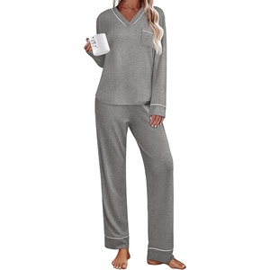 image:imageEkouaer Womens Pajamas Sets 2 piece PJs V Neck Long Sleeve Sleepwear Comfy Pants Loungewear with PocketMedium Grey