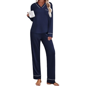 image:imageEkouaer Womens Pajamas Sets 2 piece PJs V Neck Long Sleeve Sleepwear Comfy Pants Loungewear with PocketNavy Blue
