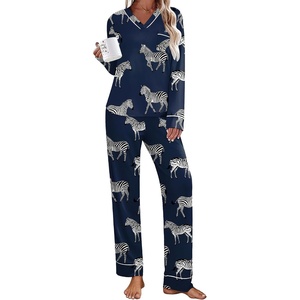 image:imageEkouaer Womens Pajamas Sets 2 piece PJs V Neck Long Sleeve Sleepwear Comfy Pants Loungewear with PocketNavy Zebra