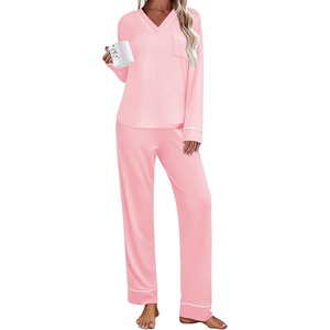 image:imageEkouaer Womens Pajamas Sets 2 piece PJs V Neck Long Sleeve Sleepwear Comfy Pants Loungewear with PocketPink