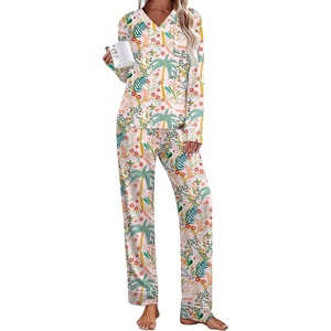 image:imageEkouaer Womens Pajamas Sets 2 piece PJs V Neck Long Sleeve Sleepwear Comfy Pants Loungewear with PocketPink Forest