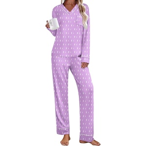 image:imageEkouaer Womens Pajamas Sets 2 piece PJs V Neck Long Sleeve Sleepwear Comfy Pants Loungewear with PocketPurple Lightning