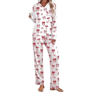 image:imageEkouaer Womens Pajamas Sets 2 piece PJs V Neck Long Sleeve Sleepwear Comfy Pants Loungewear with PocketRed Bow