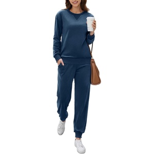 image:imageEkouaer Womens Pajamas Sets Velvet Long Sleeve Jogger Pjs Soft Sleepwear 2 Piece Lounge Sets Casual TracksuitsNavy Blue