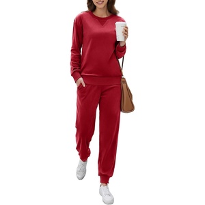 image:imageEkouaer Womens Pajamas Sets Velvet Long Sleeve Jogger Pjs Soft Sleepwear 2 Piece Lounge Sets Casual TracksuitsWine Red