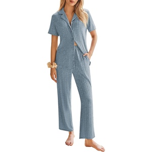 image:imageEkouaer Womens Rib Knit Pajamas Button Up Lounge Sets Short Sleeve Top and Long Pants Matching Pjs Sleepwear LoungewearClear Blue