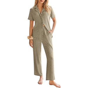 image:imageEkouaer Womens Rib Knit Pajamas Button Up Lounge Sets Short Sleeve Top and Long Pants Matching Pjs Sleepwear LoungewearKhaki