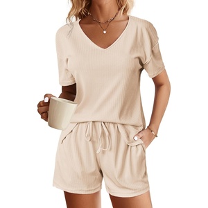 image:imageEkouaer Womens Ribbed Knit Lounge Set Short Sleeve Top and Shorts Sleepwear Pajama Set Two Piece Shorts Outfits SetBeige