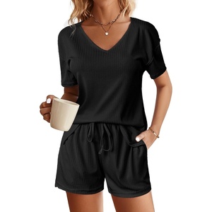 image:imageEkouaer Womens Ribbed Knit Lounge Set Short Sleeve Top and Shorts Sleepwear Pajama Set Two Piece Shorts Outfits SetBlack