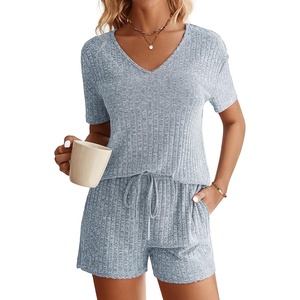 image:imageEkouaer Womens Ribbed Knit Lounge Set Short Sleeve Top and Shorts Sleepwear Pajama Set Two Piece Shorts Outfits SetBlue