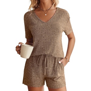 image:imageEkouaer Womens Ribbed Knit Lounge Set Short Sleeve Top and Shorts Sleepwear Pajama Set Two Piece Shorts Outfits SetBrown