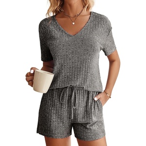 image:imageEkouaer Womens Ribbed Knit Lounge Set Short Sleeve Top and Shorts Sleepwear Pajama Set Two Piece Shorts Outfits SetGray